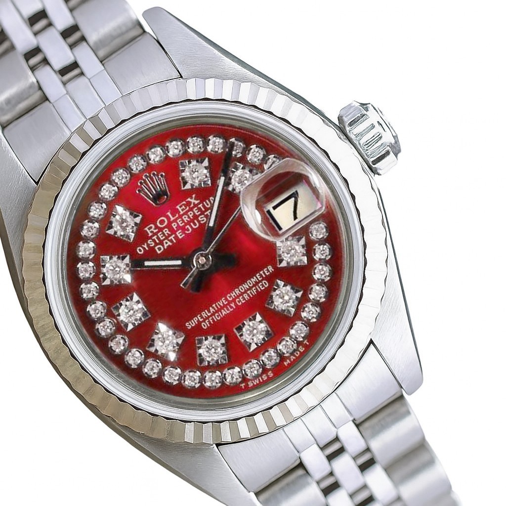 Rolex Lady Datejust Steel Watch Red Genuine Diamond Dial Fluted - Main Image