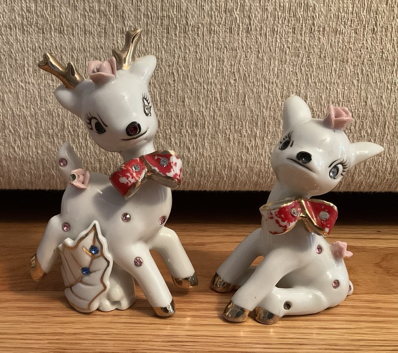 Vintage Wales Japan Rhinestone Deer Figurines Pair MCM Porcelain Gold Trim