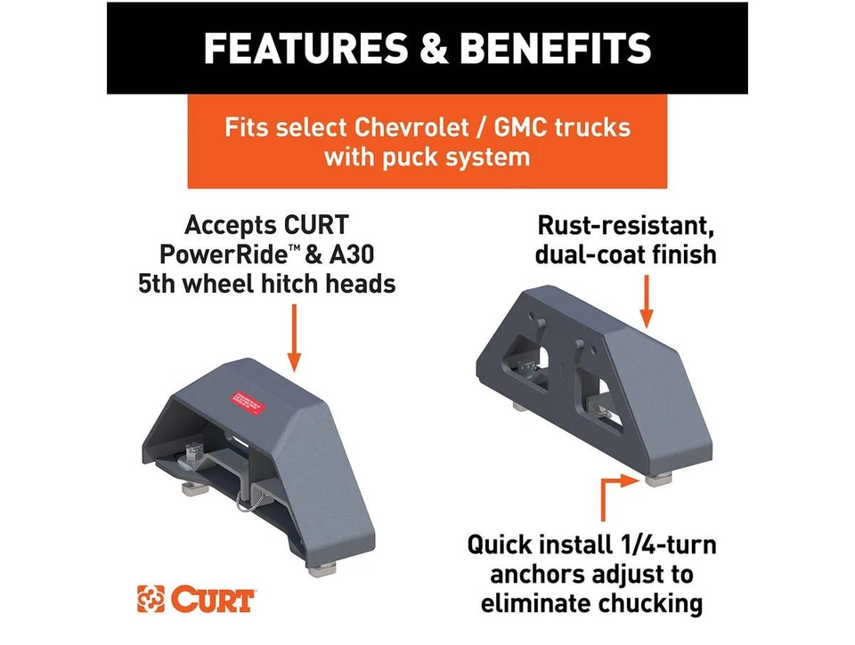 Curt Puck System 5th Wheel Adapter with Rails Fits Select Chevy, Ford, GMC, 25K - Изображение 3 из 4