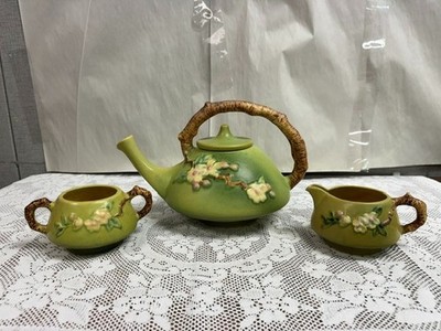 Roseville - Green Apple Blossom Tea Set - #371 -Teapot with Lid Creamer & Sugar