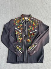 40s California Ranchwear Gabardine Cowboy Western Pearl Snap Chain Stitch Flower