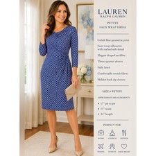 Lauren Ralph Lauren petite cobalt blue geometric ruched faux wrap dress NWOT 6p