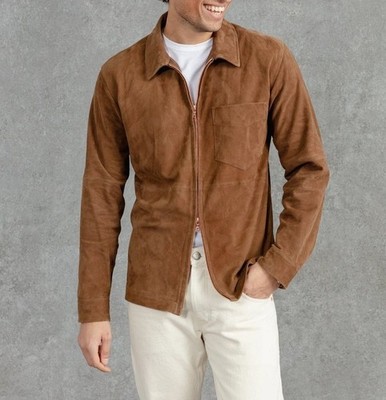 Brown Spread Collar Racer Motorcycle Biker Real Suede Leather Jacket For Men