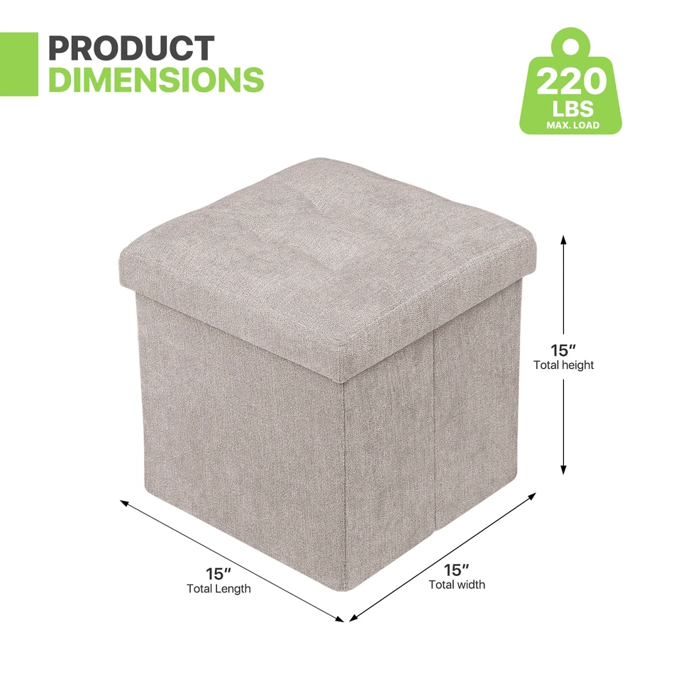 Beige Classic Storage Fabric Ottoman Cube Living Room Home Décor Footrest Stool - Image 3 of 4