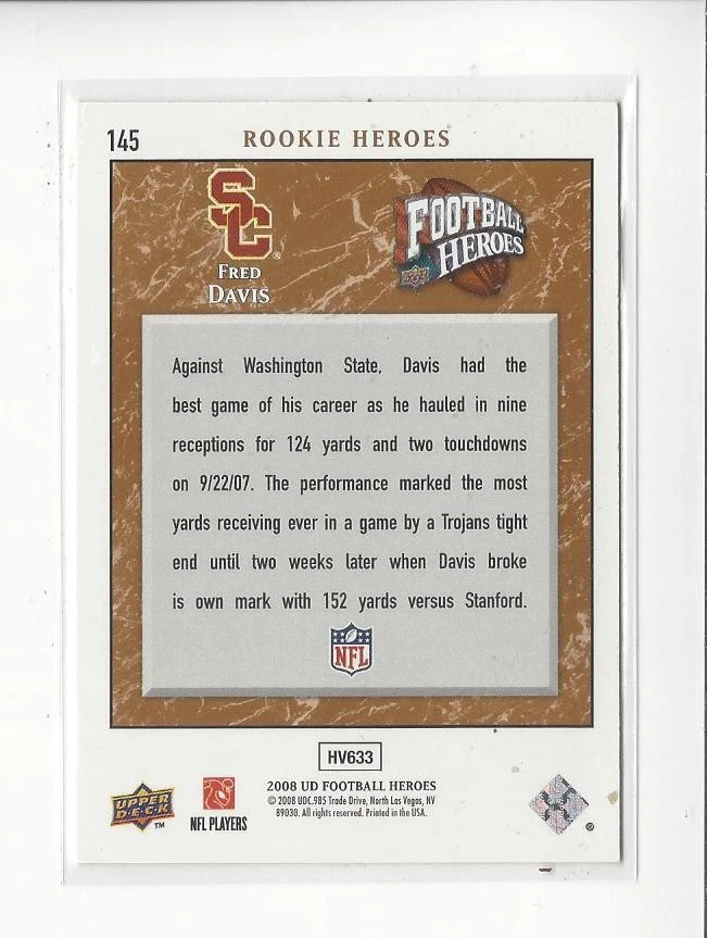 2008 Upper Deck Heroes Bronze #145 Fred Davis Rookie USC Redskins /75  - Image 2 of 2