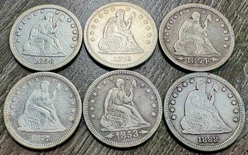 1853-1888 Seated Liberty Quarter 25C Collection, FINE-VF Grade, 6 Coins Total