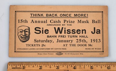 1913 Cash Prize Mask Ball Sie Wissen Ja Social Club Invite Milwaukee Turner Hall