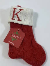December Home Mini Stocking, Red and White. Cable Knit Monogram Letter K
