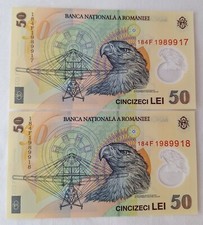 Romania 50 Lei 2018 lot x two polymer banknotes with consecutive series