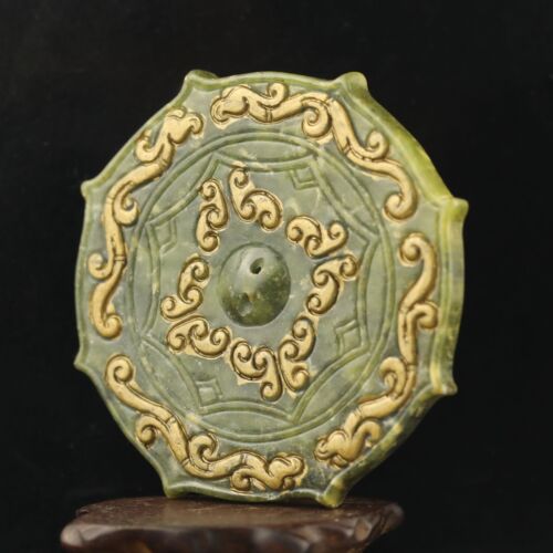 Chiny stary naturalny jadeit ręcznie rzeźbiony posąg lustro kwiatowe wisiorek n - Zdjęcie 1 z 4