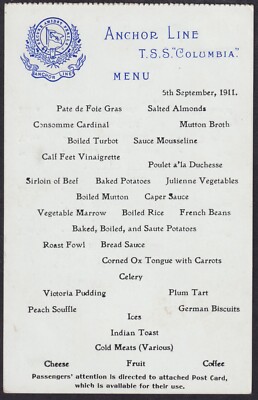 TSS COLUMBIA 5. September 1911 Menü / Musikprogramm; Anchor Line