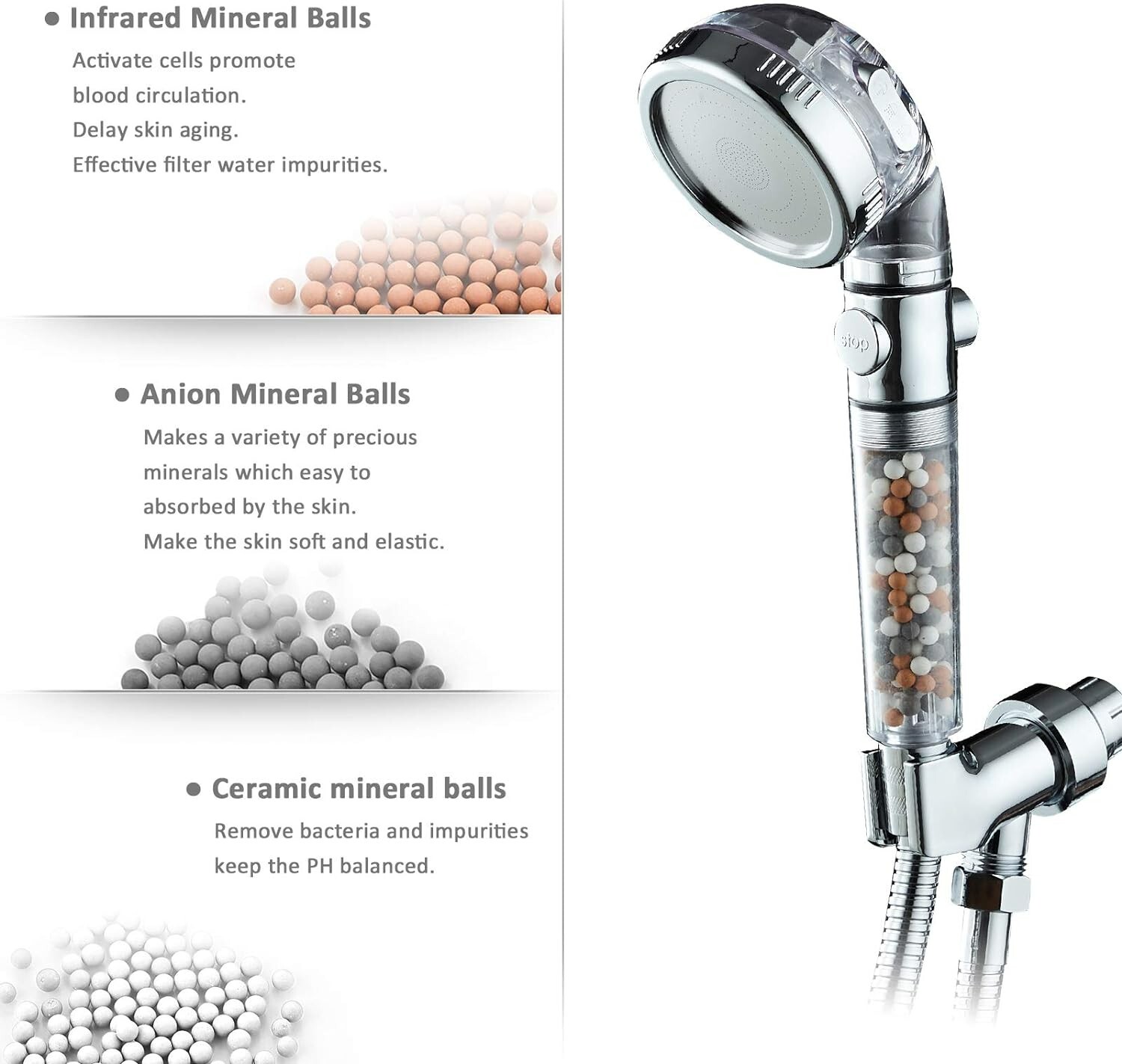 3 Setting High Pressure Shower Envy Shower Head with Beads Water Saving