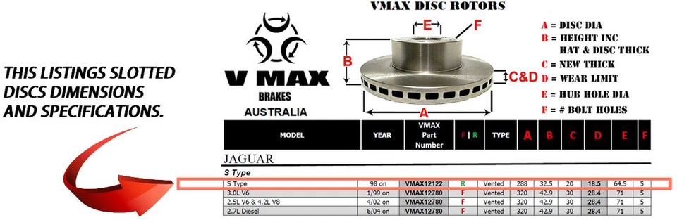 S SLOT fits JAGUAR S Type 1998 Onwards REAR Disc Brake Rotors & PADS - image 2 of 2