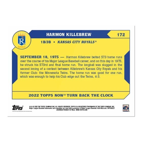 Harmon Killebrew 2022 MLB TOPPS NOW Turn Back The Clock 172 Presale Royals - Image 4 of 4