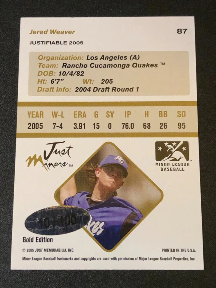 2005 年 Just Minors Jered WEAVER #87 正当黄金/100 地震 ⚾ 加州天使 — 第 2/2 张图片