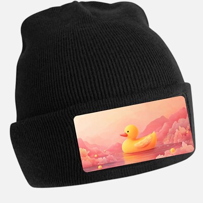 Majestic Rubber Duck Print Black Beanie Hat Unisex Cotton