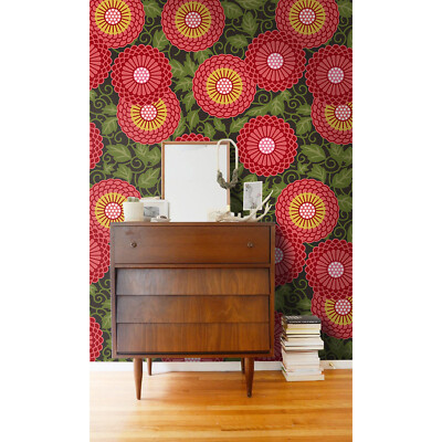 Traditional flowers Non-woven wallpaper red and green wall mural photo mural