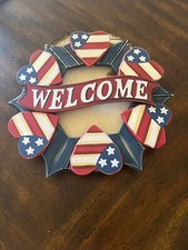 4th of July Welcome Sign Wooden Patriotic Hanging Door Wreath Front Door Decor