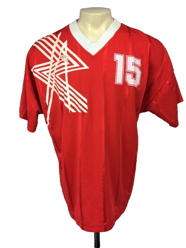 VTG 80s Umbro England Soccer Futbol Jersey Sz XL Red White #15 S/S Striped