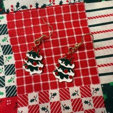 Enamel Holiday Earrings Christmas Tree Dangle Drop White Green Cute Xmas Gift