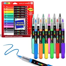Acrylic Paint Markers Pens 12 Assorted Colors, Water-Based Paint Markers Brus...