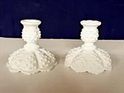 Pair of Fenton Hobnail Milk Glass #3775 Candle Holder Ribbed Scalloped Base 4.5"