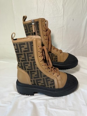 FENDI Domino Signature FF Logo Cap Toe Lace Up Biker Combat Ankle