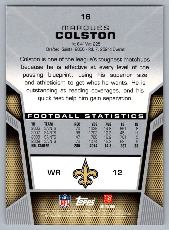 2010 Topps Unrivaled Marques Colston New Orleans Saints #16 - Image 2 of 2