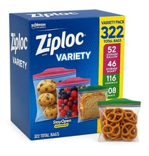 New Ziploc 322 Count Variety Pack | Gallon, Quart, Sandwich, Snack Bags