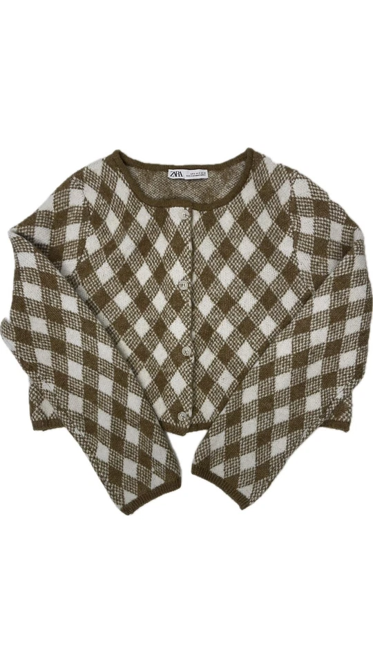 Zara Brown and White Checkered Vintage-Inspired Small Cardigan Cropped Oversized - Image 2 of 4