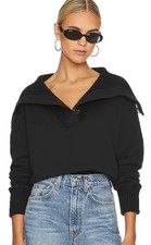 Varley Milan Ribbed Sweater Pullover Black Medium Exaggerated Collar Button