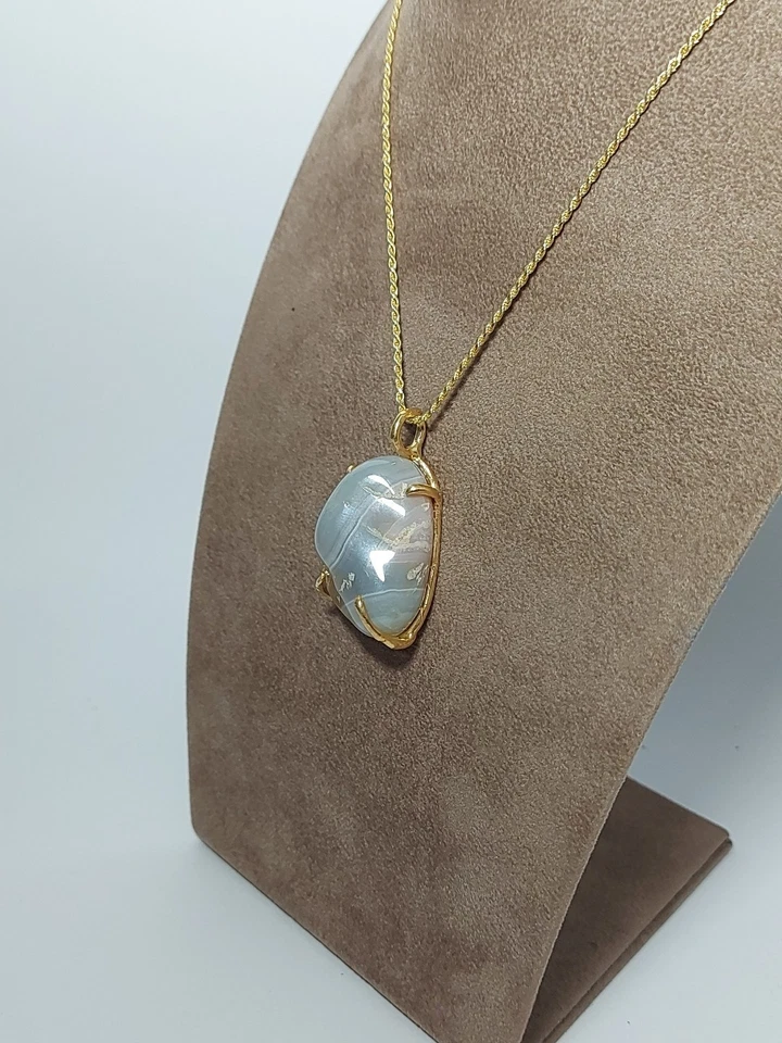 Collana Argento 925 Donna Dorato e Ciondolo Grande Pietra Naturale Agata Marrone - Immagine 4 di 4