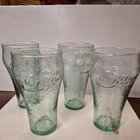 Vintage set of 4 Enjoy Coca Cola Coke Green Drinking Glasses Hammered Green 6"
