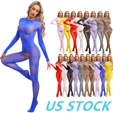 Women's Sheer Glossy Bodystocking Crotchless Full Bodysuit Jumpsuit Tights