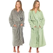 Womens Robes Luxury Fleece Soft Checked Design Warm Belted Dressing Gown Long