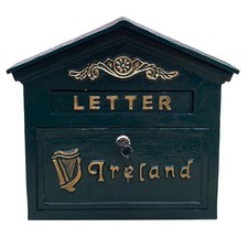 Gaelic Harp Ireland Post Office Mailbox in Green Cast Iron - Wall or Standing