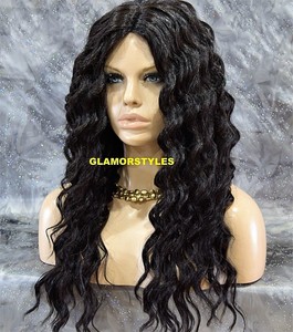Long Spiral Curls Off Black Human Hair Blend Lace Front Full Wig