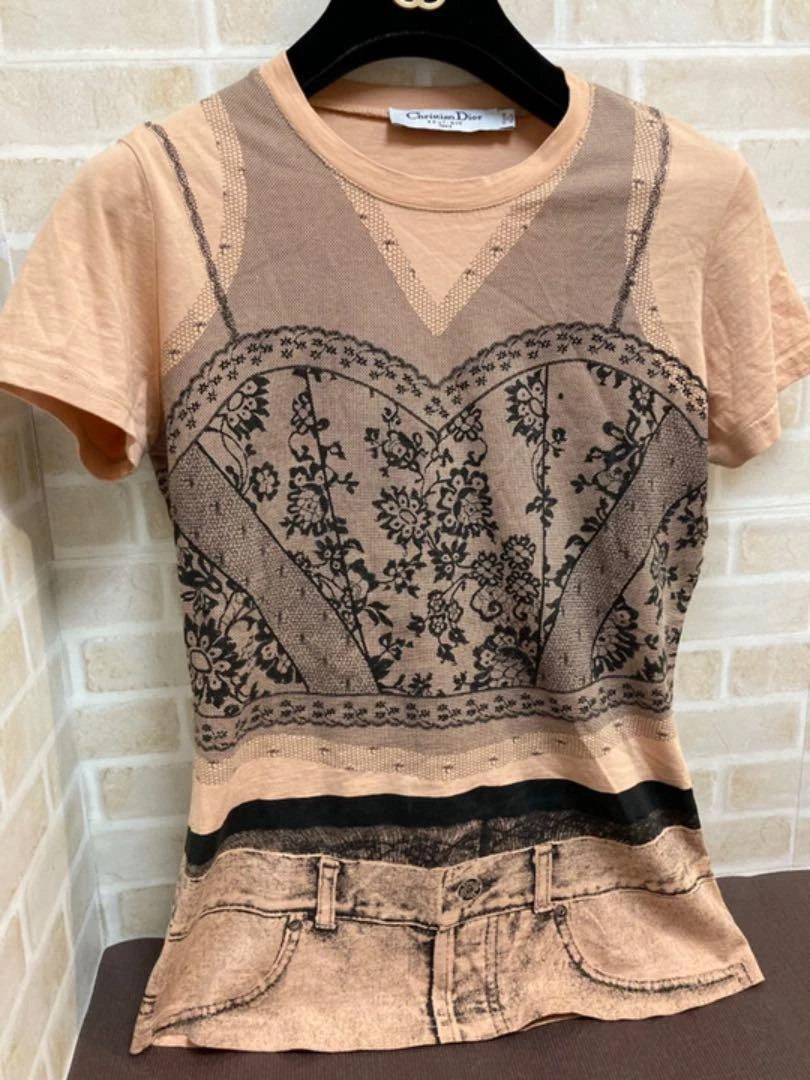 CHRISTIAN DIOR 2006 Trompe L'oeil Peach Lace T-shirt Size 40 US 8