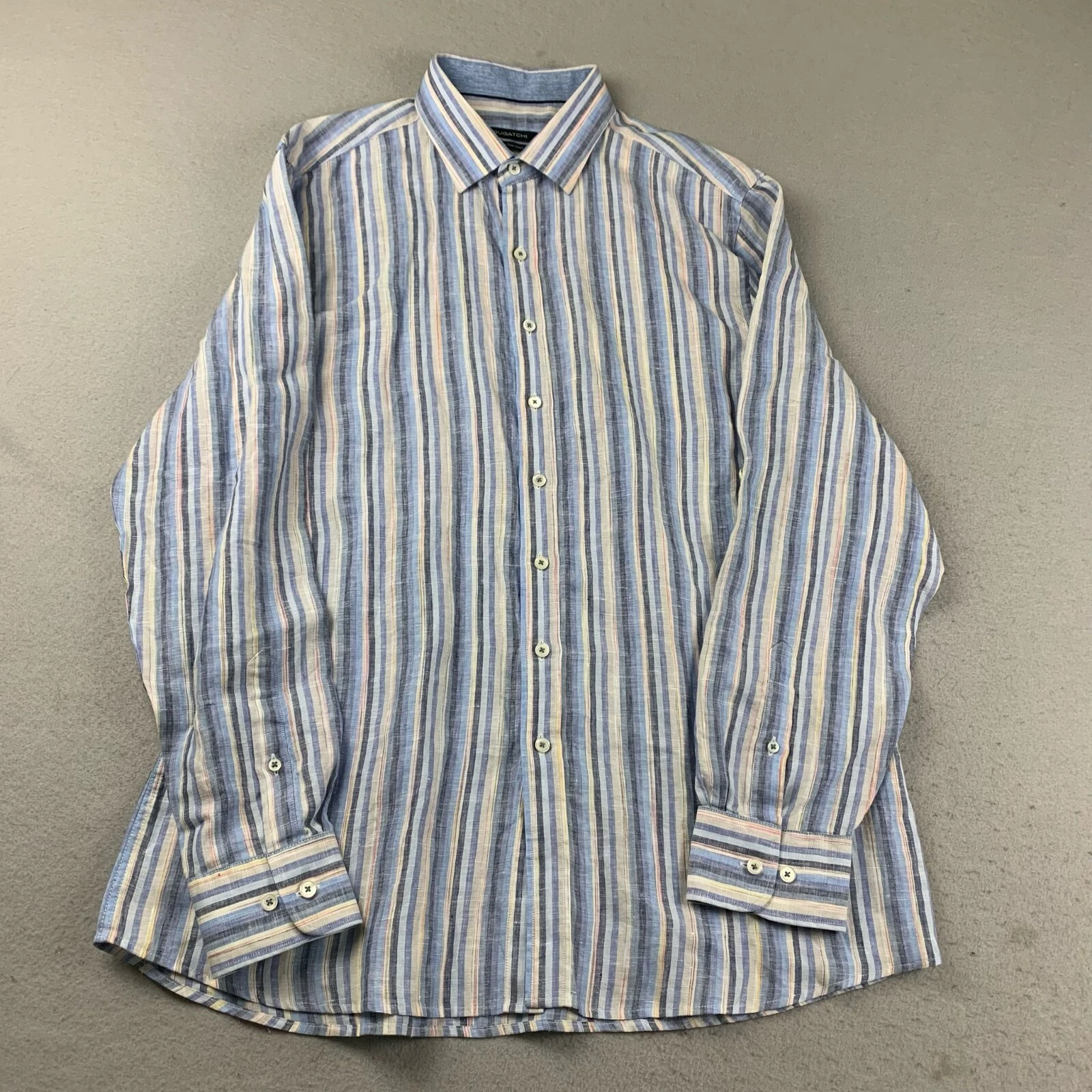 Bugatchi Shirt Mens XL Blue Striped 100% Fine Linen Long Sleeves Button Up