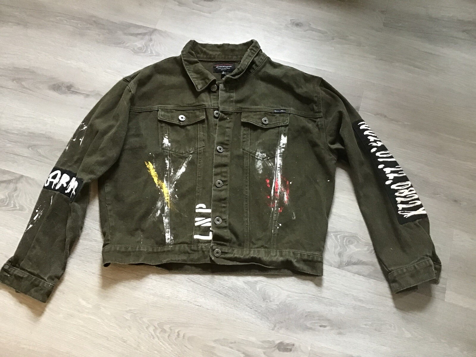 Liquor N Poker Brown Denim Jacket Distressed Size M Military patches Paint