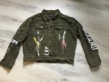 Liquor N Poker Brown Denim Jacket Distressed Size M Military patches Paint