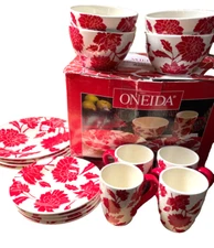 16 Piece Oneida Retired Pattern Peony Earthenware Dinnerware Dish Set