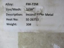 NEW 30LB. SPOOL 1/16'' FM-72M INCONEL FILLER METAL MIG WIRE HEAT- SE-26753