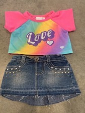 Build A Bear Denim Jean Skirt with Rainbow Love Tee