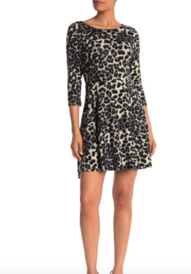 NEW Papillon Leopard Print 3/4 Sleeve Brushed Knit Fit & Flare Dress XL