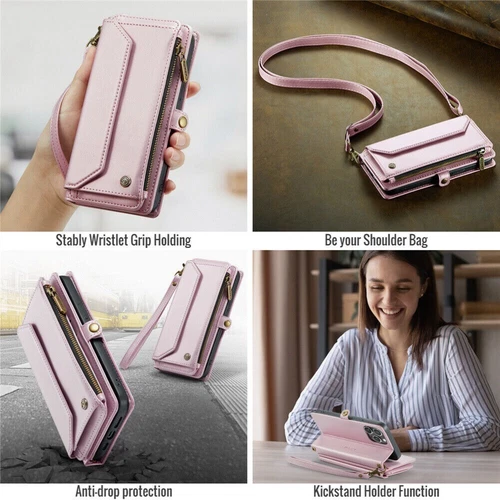 For iPhone 16 15 14 13 12 Pro Max Plus Case Wallet Leather ZIP Bag Strap Cover - Picture 56 of 84