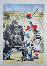 EMILIO DELFINO Opera  LITOGRAFIA Firmata Partita Giocatori di Baseball 70 x 50