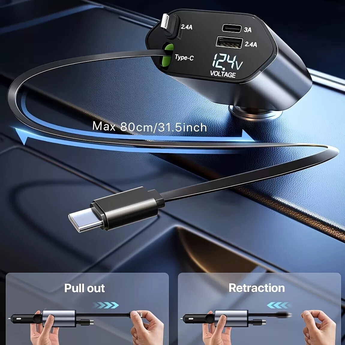 120W 4-in-1 Fast Car Phone Charger with Retractable USB-C Cable