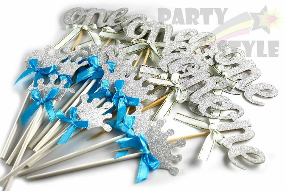 24 piezas Toppers de cupcakes plateados brillantes lazo azul para niño bebé fiesta de primer cumpleaños Foto 3 de 4