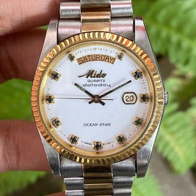 Rare Mido President Quartz Datoday Ocean Star Day Date  Diamond Two Tone Watch